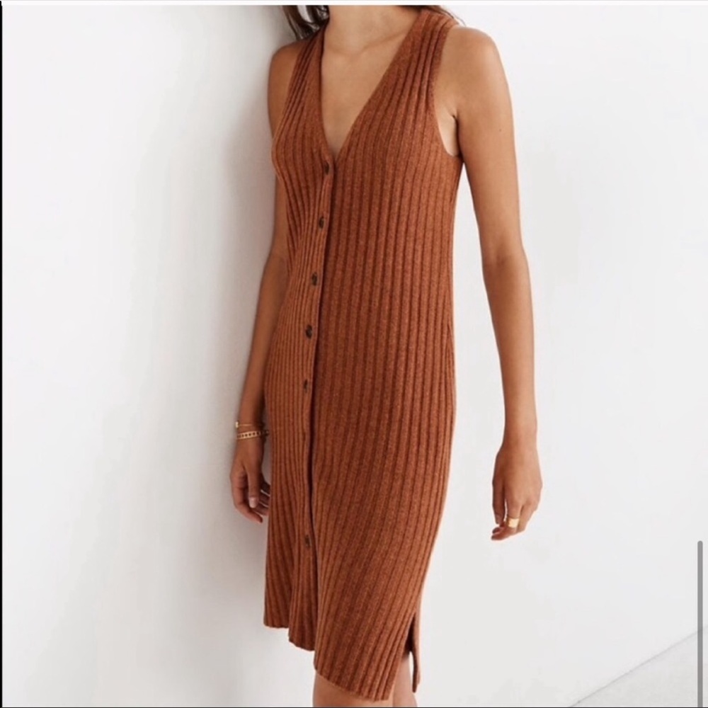 Madewell S Midi Button Front Tank Sweater Dress Orange Ribbed Wool Pencil V Neck